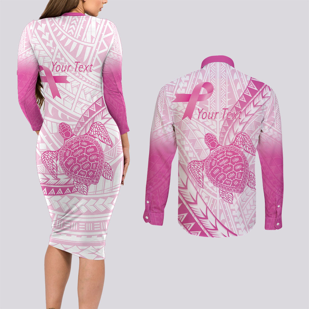 Breast Cancer Awareness Personalised Couples Matching Long Sleeve Bodycon Dress and Long Sleeve Button Shirt Pink Ribbon Turtle Polynesian Pattern White