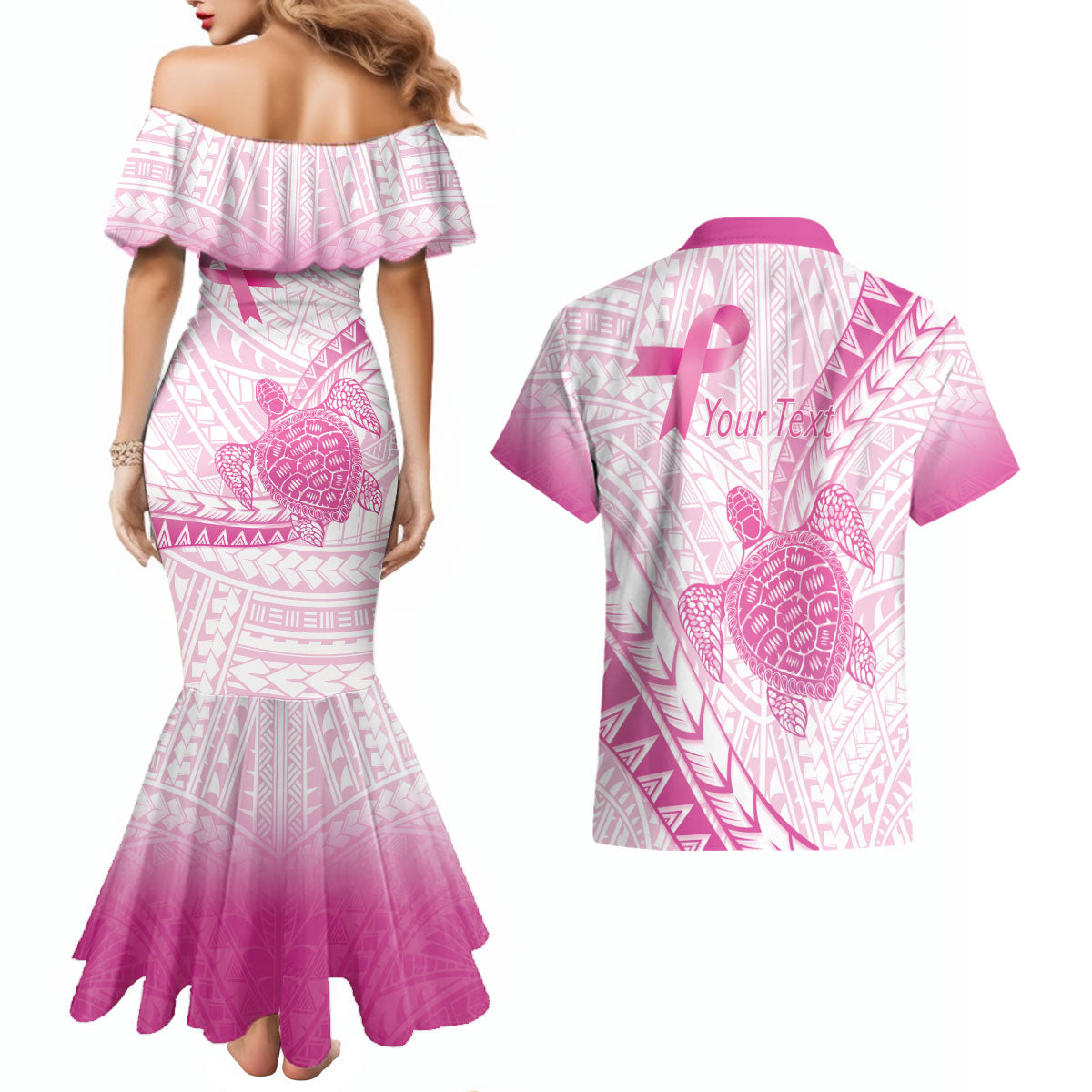 Breast Cancer Awareness Personalised Couples Matching Mermaid Dress and Hawaiian Shirt Pink Ribbon Turtle Polynesian Pattern White