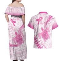 Breast Cancer Awareness Personalised Couples Matching Off Shoulder Maxi Dress and Hawaiian Shirt Pink Ribbon Turtle Polynesian Pattern White