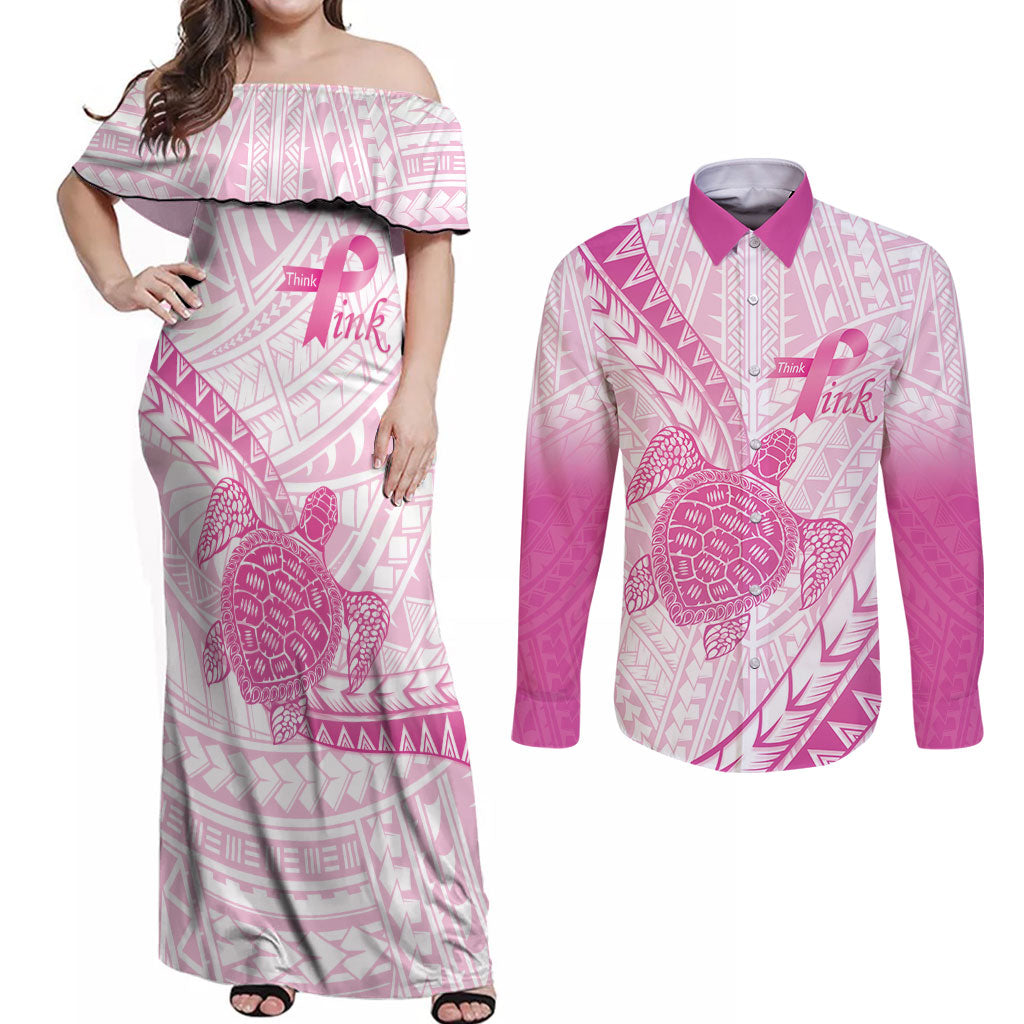 Breast Cancer Awareness Personalised Couples Matching Off Shoulder Maxi Dress and Long Sleeve Button Shirt Pink Ribbon Turtle Polynesian Pattern White LT22 Pink - Polynesian Pride