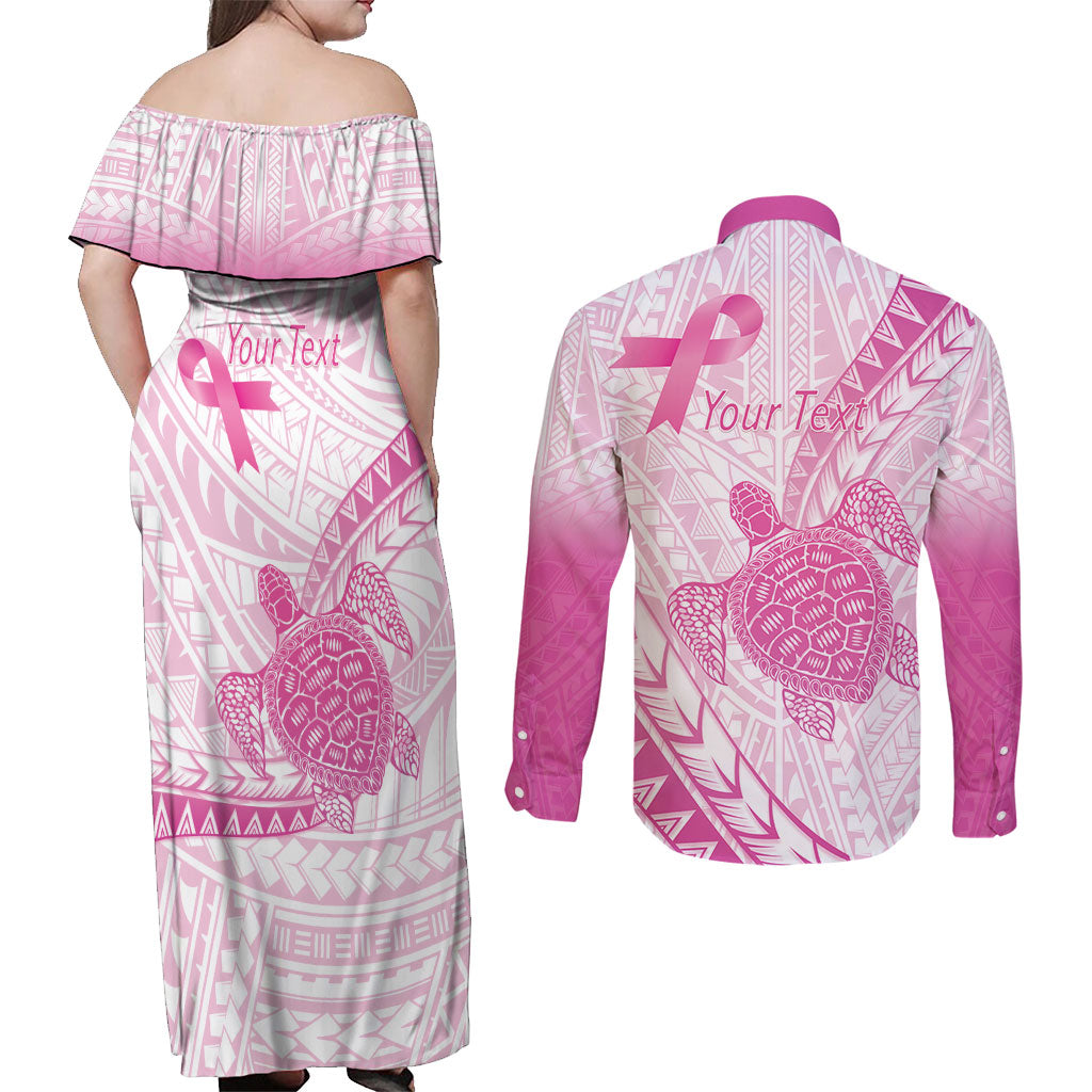 Breast Cancer Awareness Personalised Couples Matching Off Shoulder Maxi Dress and Long Sleeve Button Shirt Pink Ribbon Turtle Polynesian Pattern White LT22 - Polynesian Pride