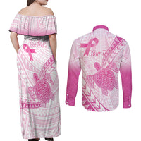 Breast Cancer Awareness Personalised Couples Matching Off Shoulder Maxi Dress and Long Sleeve Button Shirt Pink Ribbon Turtle Polynesian Pattern White LT22 - Polynesian Pride