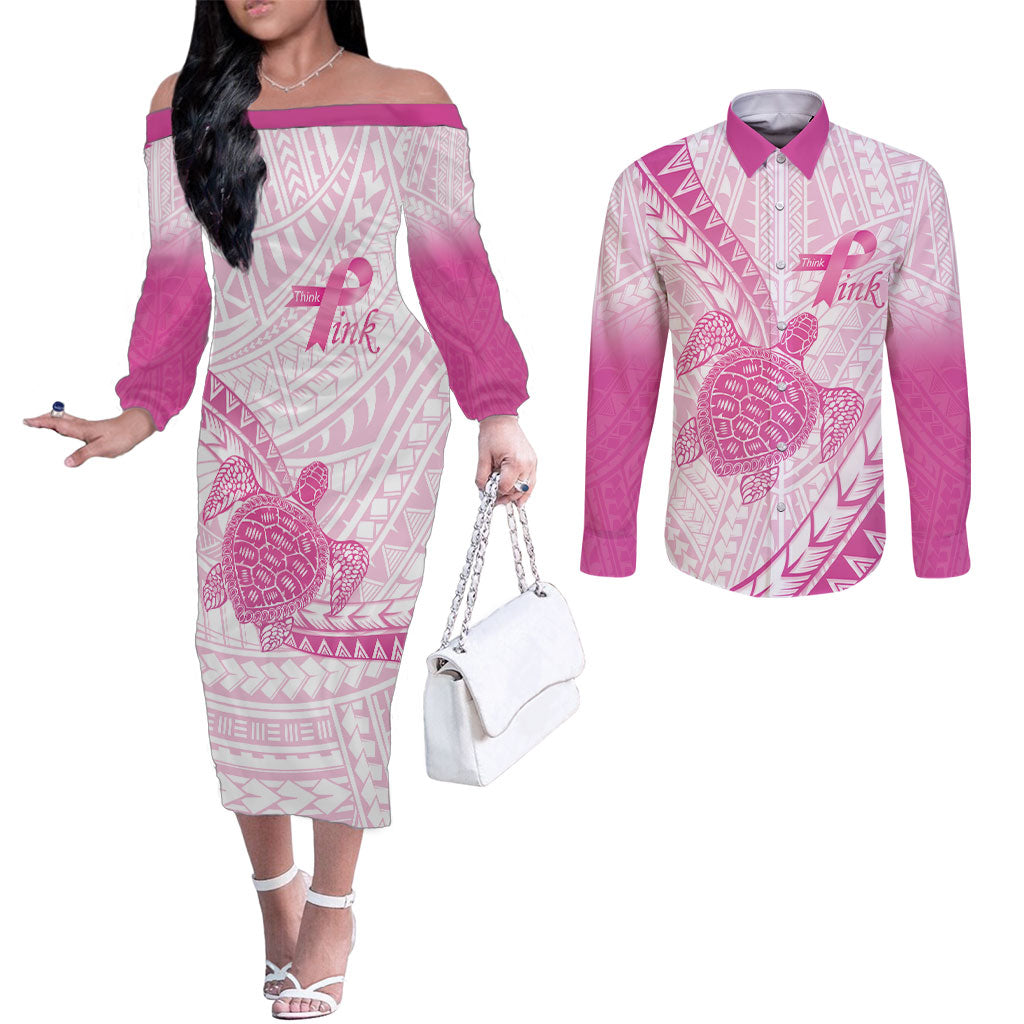 Breast Cancer Awareness Personalised Couples Matching Off The Shoulder Long Sleeve Dress and Long Sleeve Button Shirt Pink Ribbon Turtle Polynesian Pattern White
