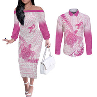 Breast Cancer Awareness Personalised Couples Matching Off The Shoulder Long Sleeve Dress and Long Sleeve Button Shirt Pink Ribbon Turtle Polynesian Pattern White