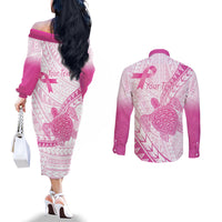 Breast Cancer Awareness Personalised Couples Matching Off The Shoulder Long Sleeve Dress and Long Sleeve Button Shirt Pink Ribbon Turtle Polynesian Pattern White