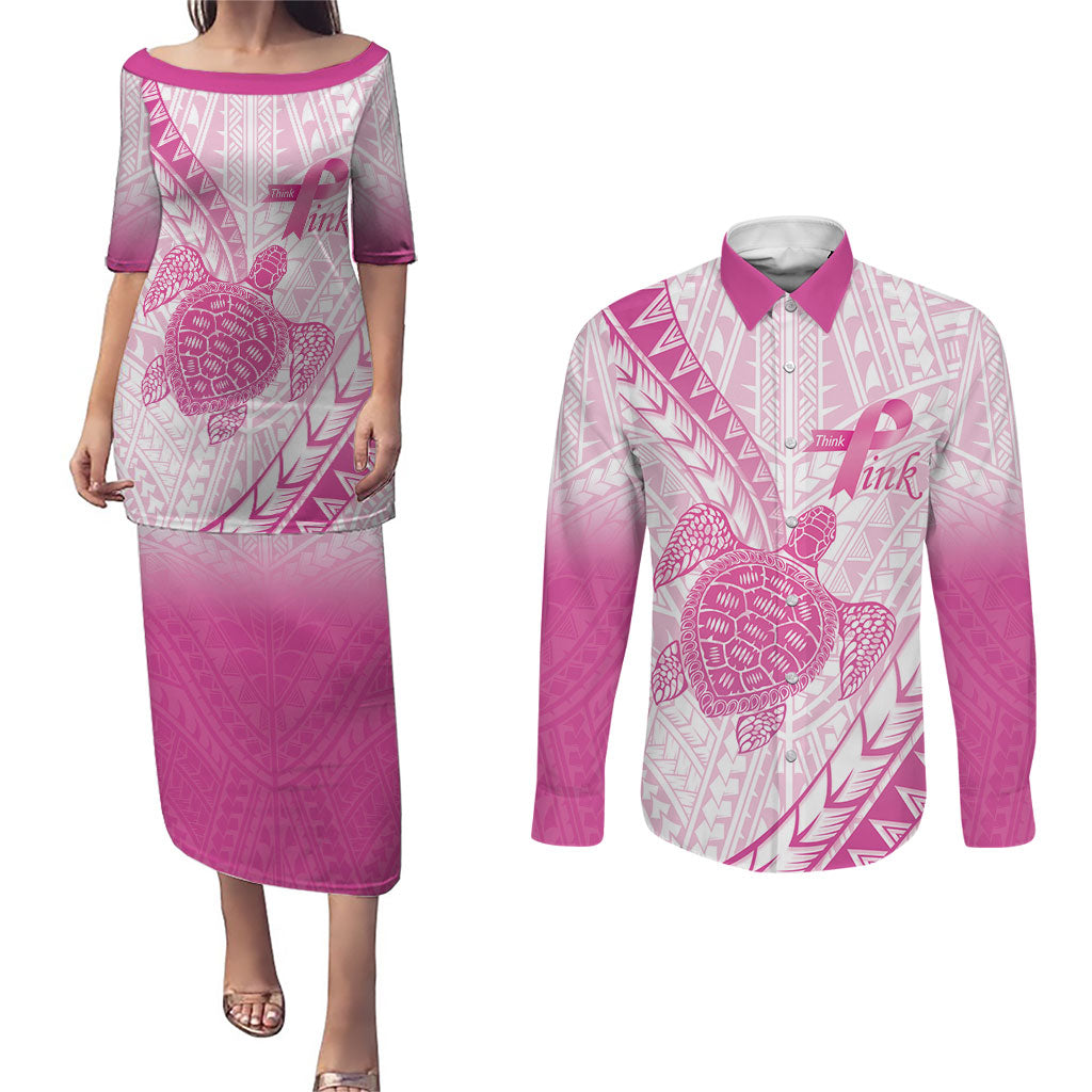 Breast Cancer Awareness Personalised Couples Matching Puletasi and Long Sleeve Button Shirt Pink Ribbon Turtle Polynesian Pattern White