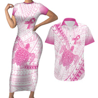 Breast Cancer Awareness Personalised Couples Matching Short Sleeve Bodycon Dress and Hawaiian Shirt Pink Ribbon Turtle Polynesian Pattern White