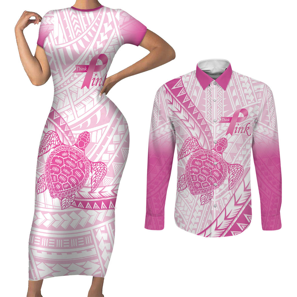 Breast Cancer Awareness Personalised Couples Matching Short Sleeve Bodycon Dress and Long Sleeve Button Shirt Pink Ribbon Turtle Polynesian Pattern White