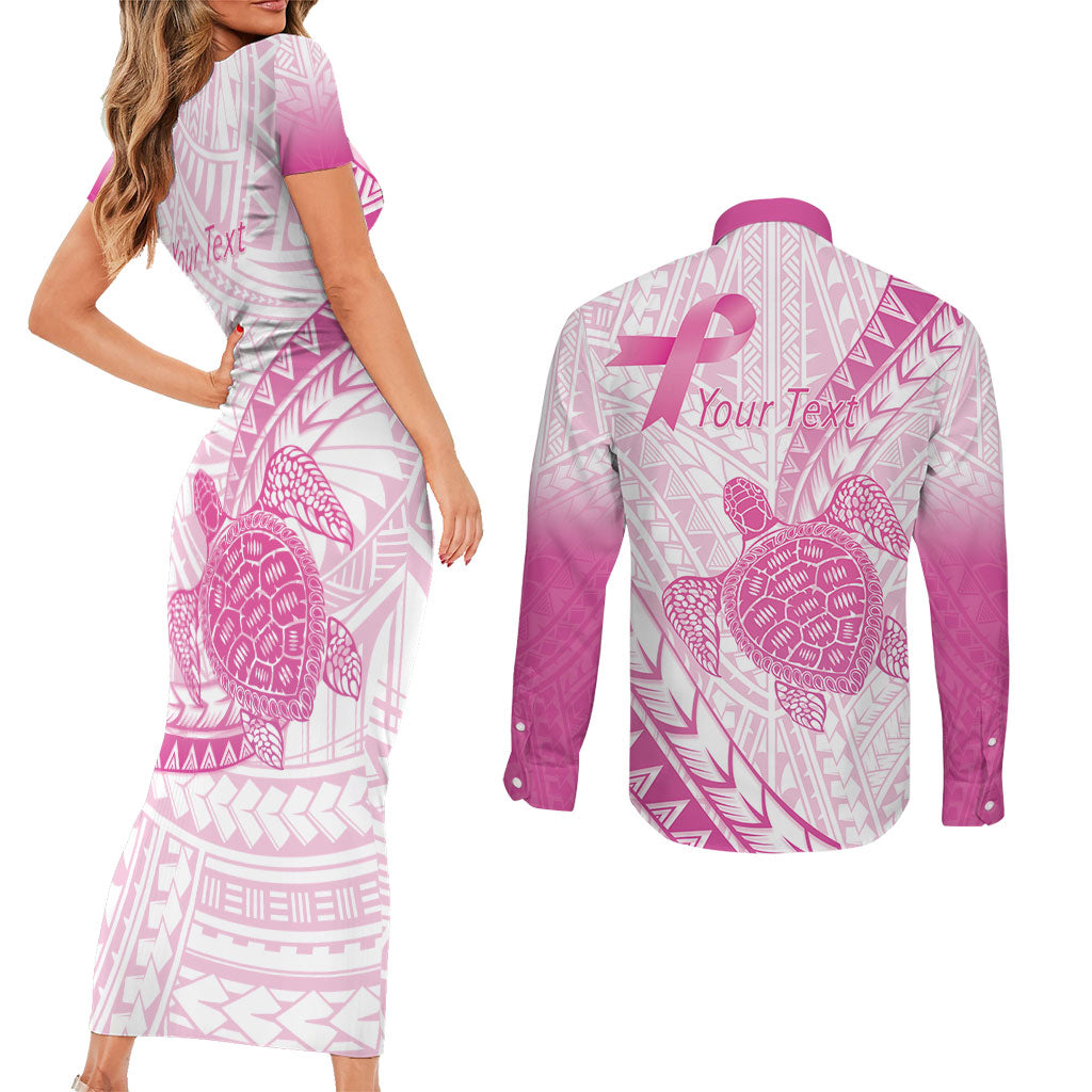 Breast Cancer Awareness Personalised Couples Matching Short Sleeve Bodycon Dress and Long Sleeve Button Shirt Pink Ribbon Turtle Polynesian Pattern White