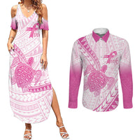 Breast Cancer Awareness Personalised Couples Matching Summer Maxi Dress and Long Sleeve Button Shirt Pink Ribbon Turtle Polynesian Pattern White LT22 Pink - Polynesian Pride