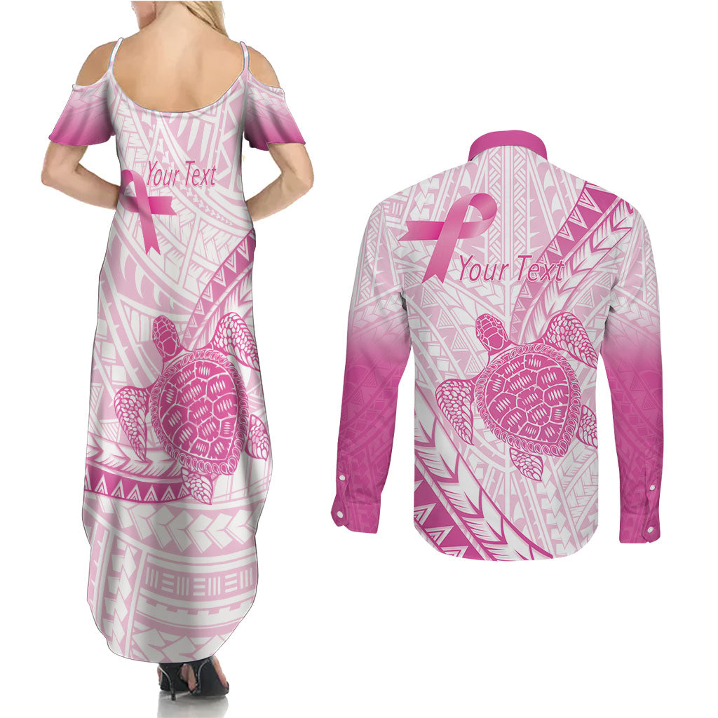 Breast Cancer Awareness Personalised Couples Matching Summer Maxi Dress and Long Sleeve Button Shirt Pink Ribbon Turtle Polynesian Pattern White LT22 - Polynesian Pride