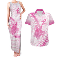 Breast Cancer Awareness Personalised Couples Matching Tank Maxi Dress and Hawaiian Shirt Pink Ribbon Turtle Polynesian Pattern White