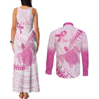 Breast Cancer Awareness Personalised Couples Matching Tank Maxi Dress and Long Sleeve Button Shirt Pink Ribbon Turtle Polynesian Pattern White