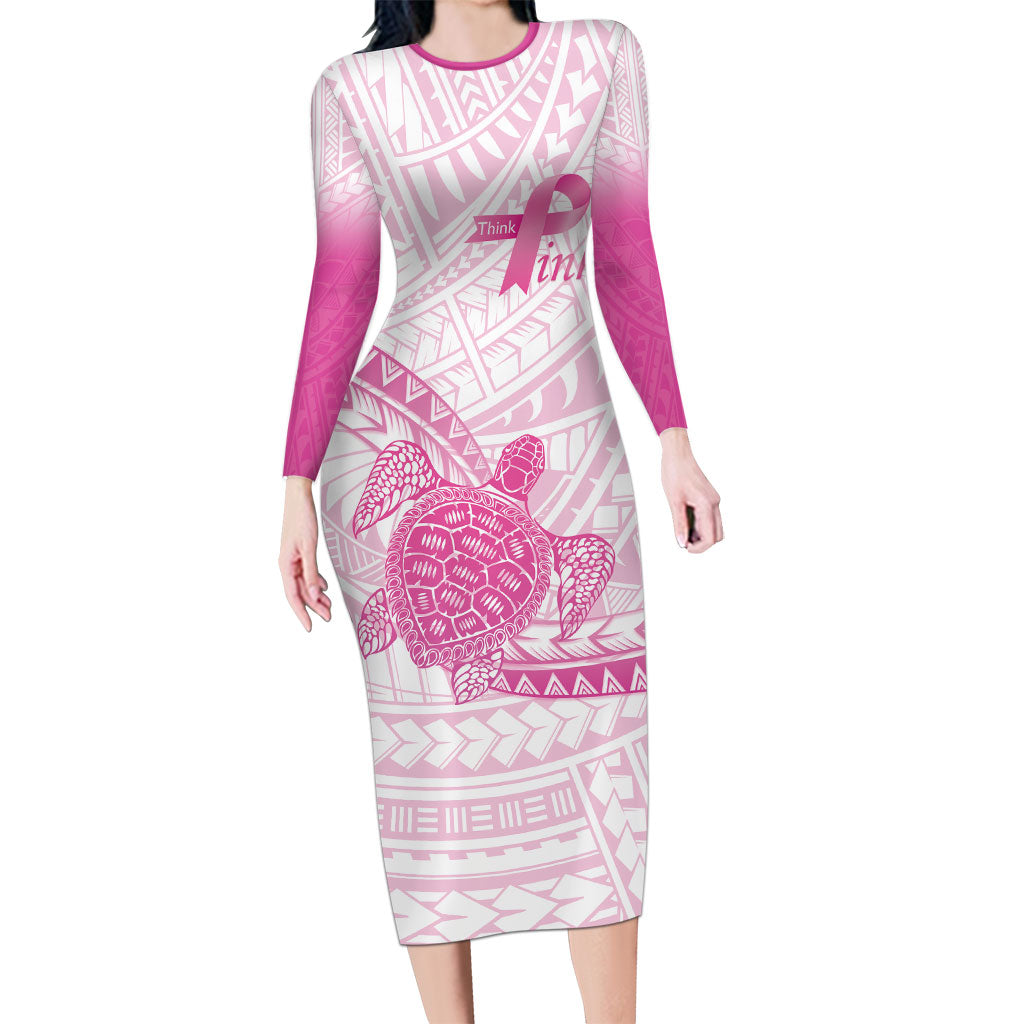 Breast Cancer Awareness Personalised Family Matching Long Sleeve Bodycon Dress and Hawaiian Shirt Pink Ribbon Turtle Polynesian Pattern White