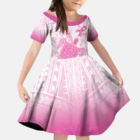 Breast Cancer Awareness Personalised Family Matching Off The Shoulder Long Sleeve Dress and Hawaiian Shirt Pink Ribbon Turtle Polynesian Pattern White