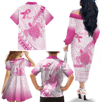 Breast Cancer Awareness Personalised Family Matching Off The Shoulder Long Sleeve Dress and Hawaiian Shirt Pink Ribbon Turtle Polynesian Pattern White