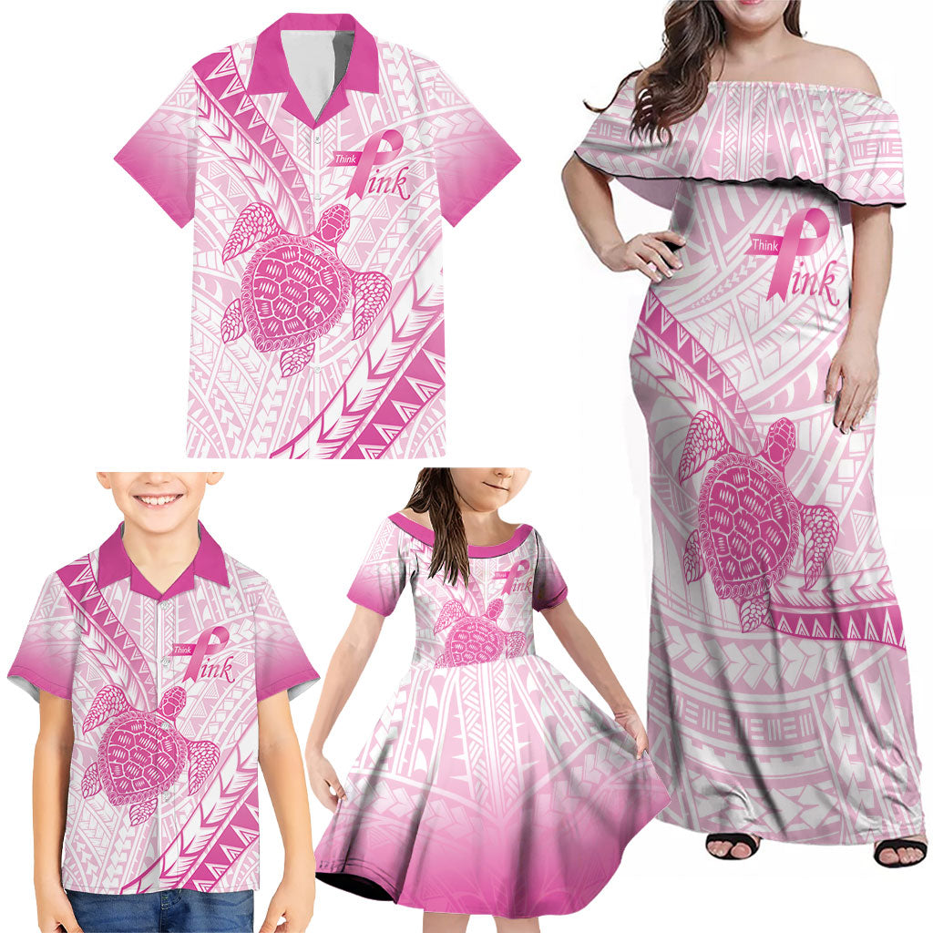 Breast Cancer Awareness Personalised Family Matching Off Shoulder Maxi Dress and Hawaiian Shirt Pink Ribbon Turtle Polynesian Pattern White