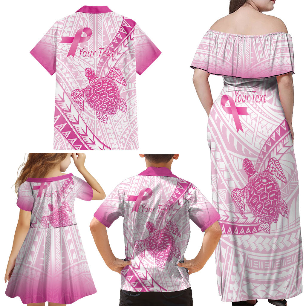 Breast Cancer Awareness Personalised Family Matching Off Shoulder Maxi Dress and Hawaiian Shirt Pink Ribbon Turtle Polynesian Pattern White