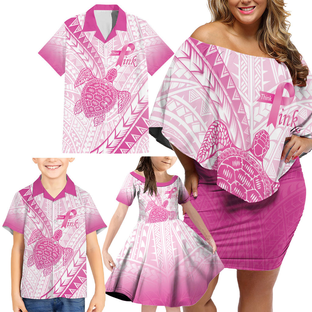 Breast Cancer Awareness Personalised Family Matching Off Shoulder Short Dress and Hawaiian Shirt Pink Ribbon Turtle Polynesian Pattern White
