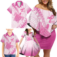 Breast Cancer Awareness Personalised Family Matching Off Shoulder Short Dress and Hawaiian Shirt Pink Ribbon Turtle Polynesian Pattern White