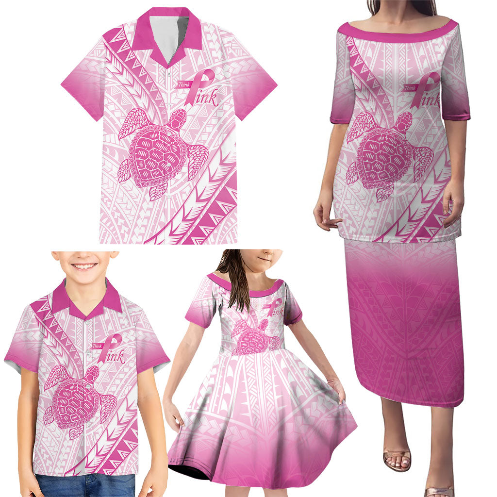 Breast Cancer Awareness Personalised Family Matching Puletasi and Hawaiian Shirt Pink Ribbon Turtle Polynesian Pattern White