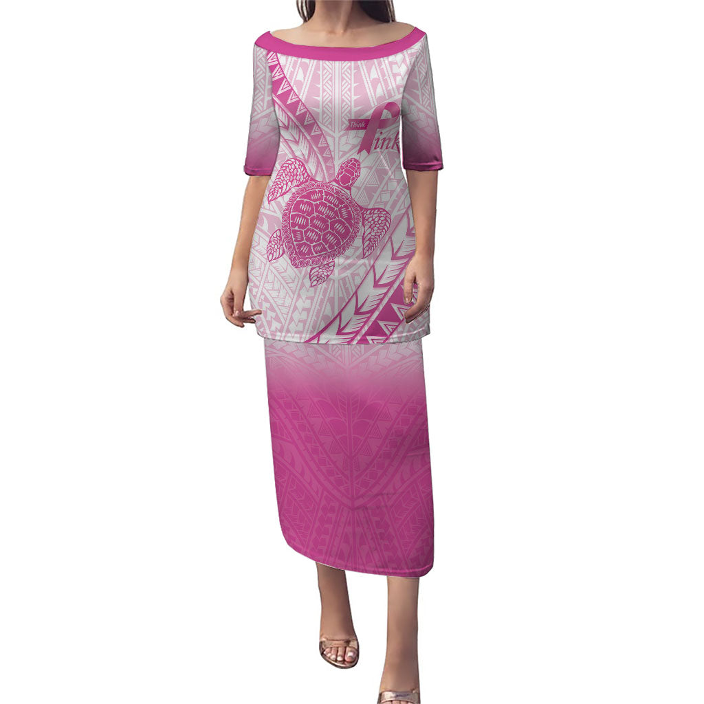 Breast Cancer Awareness Personalised Family Matching Puletasi and Hawaiian Shirt Pink Ribbon Turtle Polynesian Pattern White