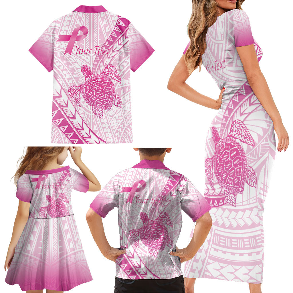 Breast Cancer Awareness Personalised Family Matching Short Sleeve Bodycon Dress and Hawaiian Shirt Pink Ribbon Turtle Polynesian Pattern White