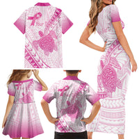 Breast Cancer Awareness Personalised Family Matching Short Sleeve Bodycon Dress and Hawaiian Shirt Pink Ribbon Turtle Polynesian Pattern White