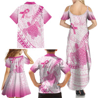 Breast Cancer Awareness Personalised Family Matching Summer Maxi Dress and Hawaiian Shirt Pink Ribbon Turtle Polynesian Pattern White