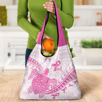 Breast Cancer Awareness Grocery Bag Pink Ribbon Turtle Polynesian Pattern White