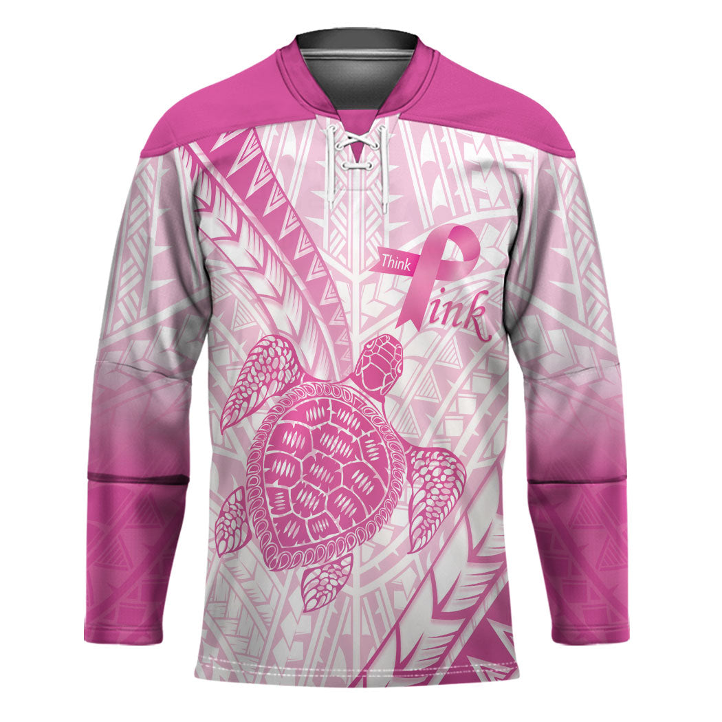 Breast Cancer Awareness Personalised Hockey Jersey Pink Ribbon Turtle Polynesian Pattern White