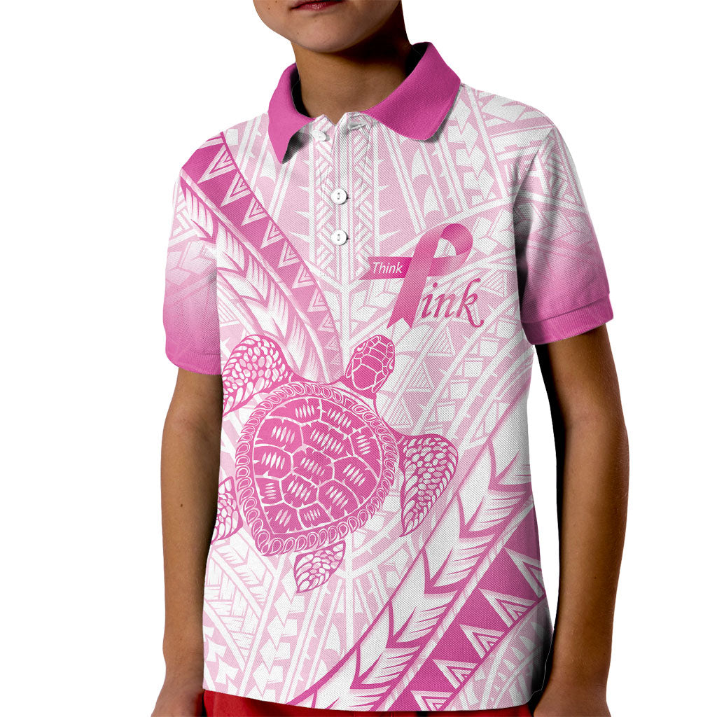 Breast Cancer Awareness Personalised Kid Polo Shirt Pink Ribbon Turtle Polynesian Pattern White LT22 Kid Pink - Polynesian Pride
