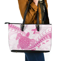 Breast Cancer Awareness Leather Tote Bag Pink Ribbon Turtle Polynesian Pattern White