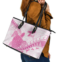 Breast Cancer Awareness Leather Tote Bag Pink Ribbon Turtle Polynesian Pattern White