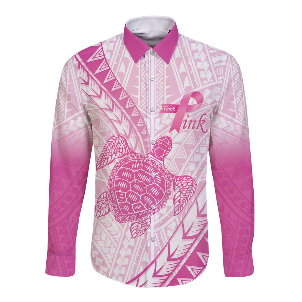 Breast Cancer Awareness Personalised Long Sleeve Button Shirt Pink Ribbon Turtle Polynesian Pattern White