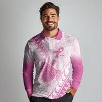 Breast Cancer Awareness Personalised Long Sleeve Polo Shirt Pink Ribbon Turtle Polynesian Pattern White