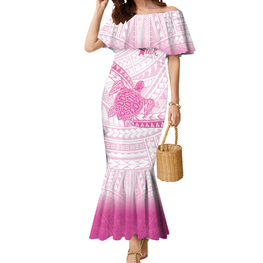 Breast Cancer Awareness Personalised Mermaid Dress Pink Ribbon Turtle Polynesian Pattern White
