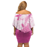 Breast Cancer Awareness Personalised Off Shoulder Short Dress Pink Ribbon Turtle Polynesian Pattern White