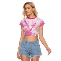 Breast Cancer Awareness Personalised Raglan Cropped T Shirt Pink Ribbon Turtle Polynesian Pattern White LT22 Female Pink - Polynesian Pride