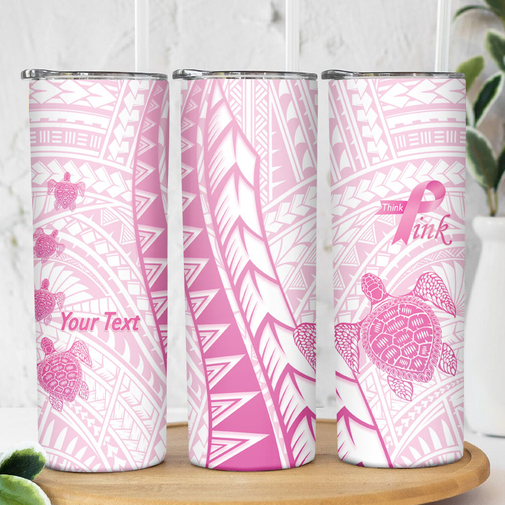 Breast Cancer Awareness Personalised Skinny Tumbler Pink Ribbon Turtle Polynesian Pattern White