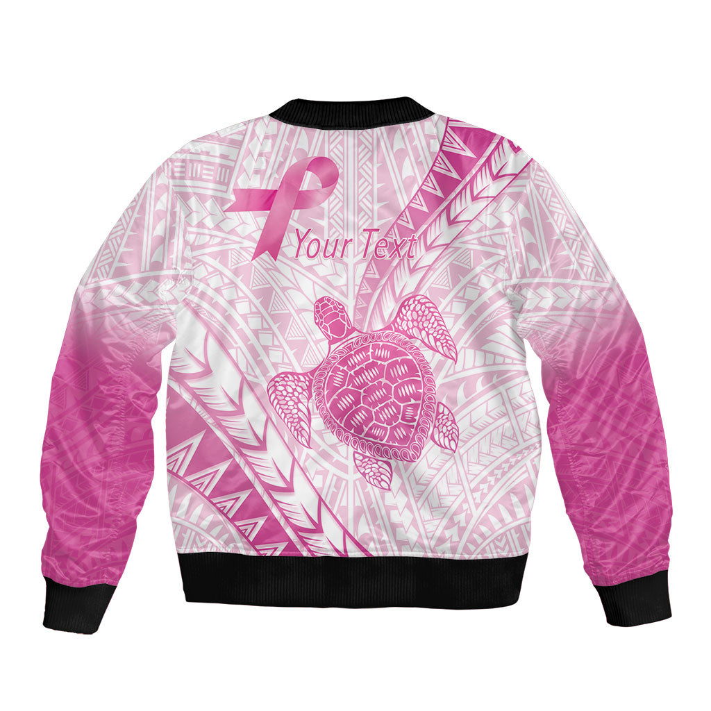 Breast Cancer Awareness Personalised Sleeve Zip Bomber Jacket Pink Ribbon Turtle Polynesian Pattern White
