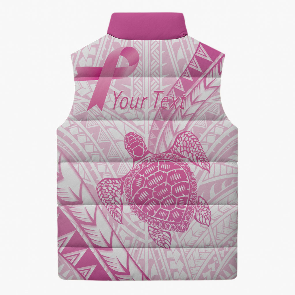 Breast Cancer Awareness Personalised Sleeveless Puffer Jacket Pink Ribbon Turtle Polynesian Pattern White