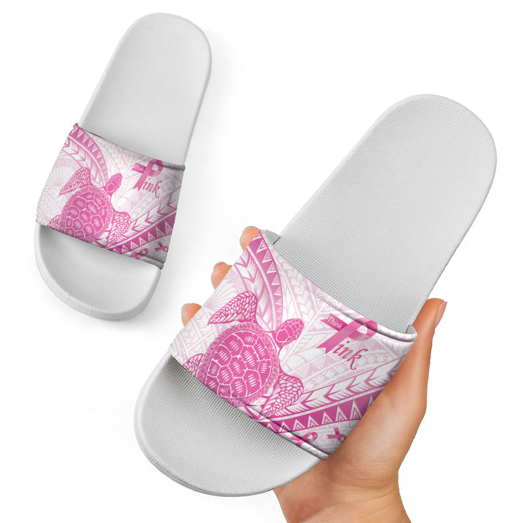 Breast Cancer Awareness Slide Sandals Pink Ribbon Turtle Polynesian Pattern White