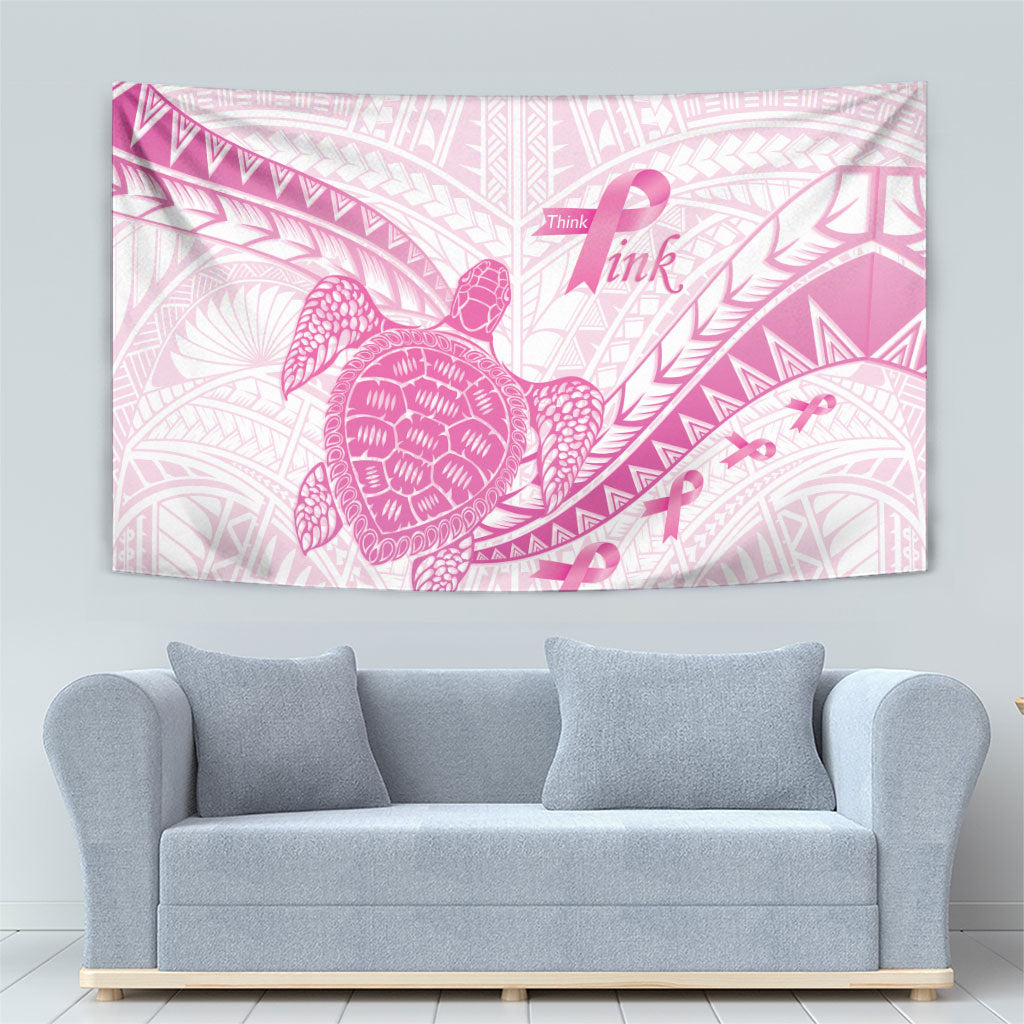 Breast Cancer Awareness Tapestry Pink Ribbon Turtle Polynesian Pattern White