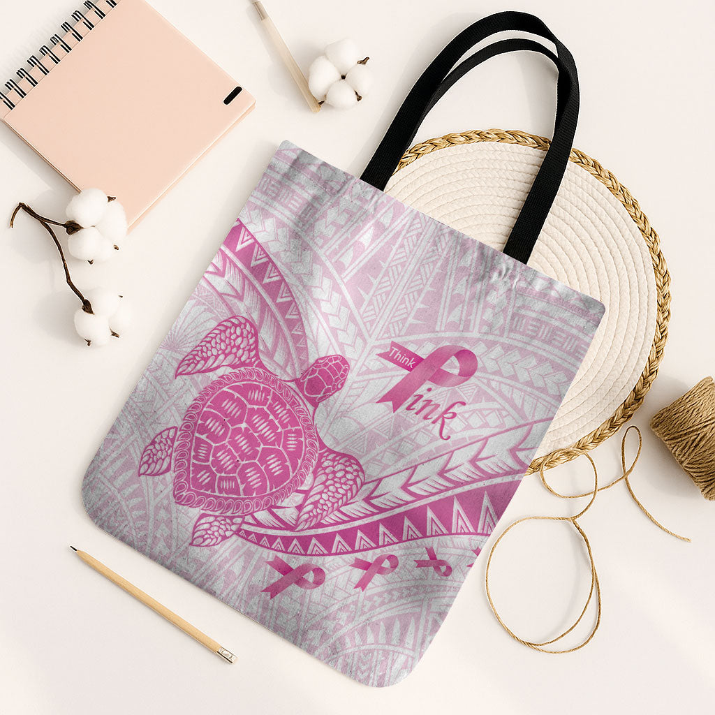 Breast Cancer Awareness Tote Bag Pink Ribbon Turtle Polynesian Pattern White