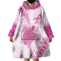 Breast Cancer Awareness Personalised Wearable Blanket Hoodie Pink Ribbon Turtle Polynesian Pattern White