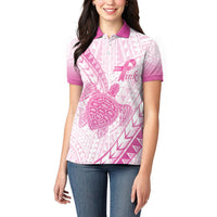 Breast Cancer Awareness Personalised Women Polo Shirt Pink Ribbon Turtle Polynesian Pattern White