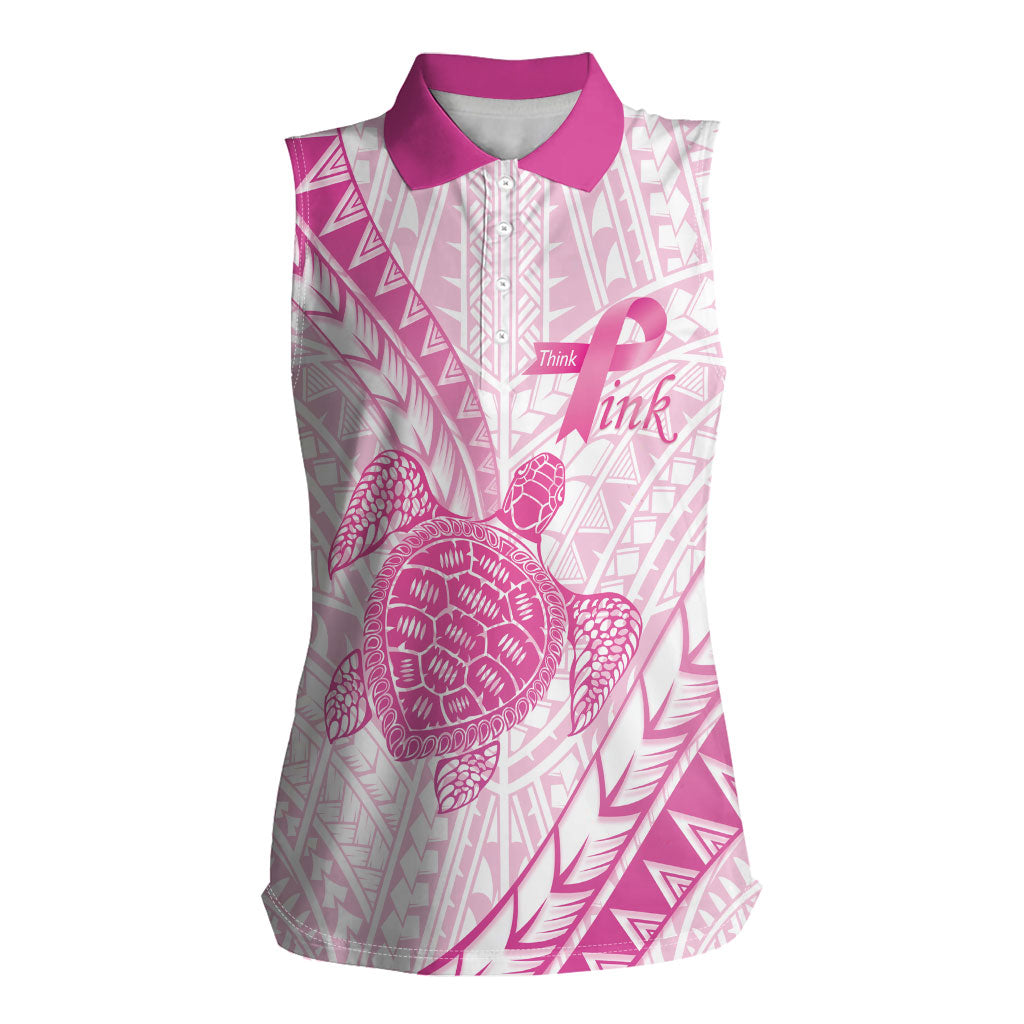 Breast Cancer Awareness Personalised Women Sleeveless Polo Shirt Pink Ribbon Turtle Polynesian Pattern White