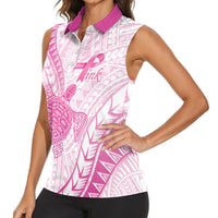 Breast Cancer Awareness Personalised Women Sleeveless Polo Shirt Pink Ribbon Turtle Polynesian Pattern White