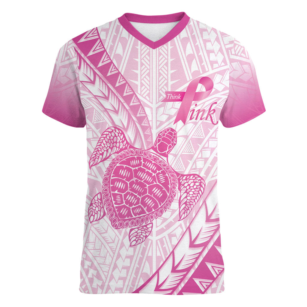 Breast Cancer Awareness Personalised Women V-Neck T-Shirt Pink Ribbon Turtle Polynesian Pattern White